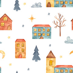 Cute catroon houses watercolor seamless pattern