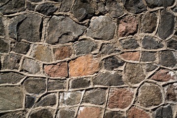 Wall made of multi-colored stone. Background from part of old house. There is a place for the inscription.