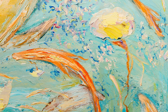 Blue and yellow abstract oil painting as background. Close-up part of the oil painting.(Two yellow turtles swimming in blue water.)