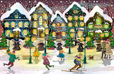 Design of Christmas card, poster, banner. Houses covered with snow. Walk along the snowy streets. Children playing snowballs. Modeling a snowman. Skiing and sledding. Vector.