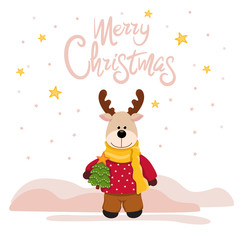 Christmas card with little deer baby with christmas tree in hand and stars and lettering on white background. Vector illustration