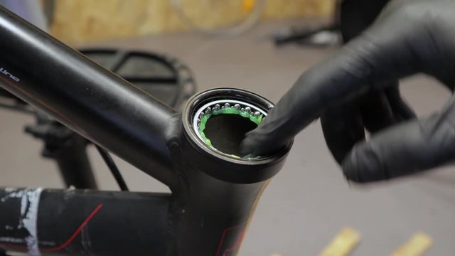 A close up view of inserting ball bearing cage into bicycle headset, wearing a black latex glove.