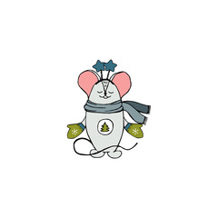 Cute little mouse with mittens and a scarf isolated on white background.