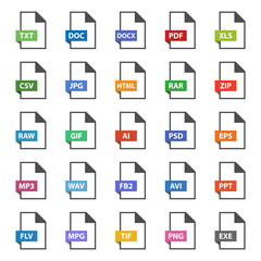 file format flat icon set, vector document signs