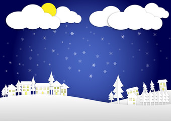 Winter landscape with house on a moonlit night. Snowy trees and house in a park or forest with cloud, snowflake and yellow moon, Christmas paper cut decoration background.