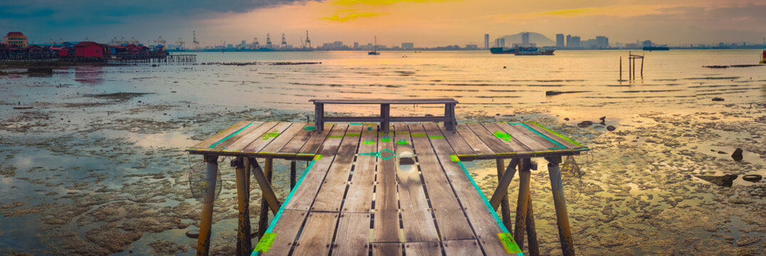 Sunrise at Penang. Yeoh jetty on the foreground , Malaysia. Panorama