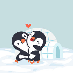 Two cute penguins in love with  ice house