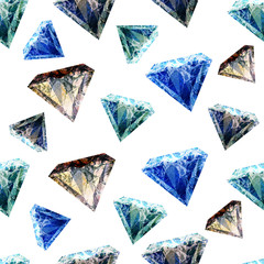 Seamless pattern with bright hand-painted blue, gray, violet diamonds, crystals and precious stones. Seamless pattern on white. Romantic background for gift paper, wallpaper, wedding decor or textile 