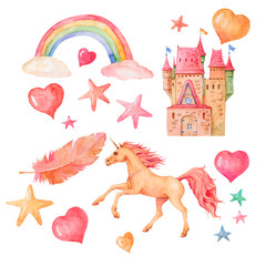Unicorn first watercolor set with magic castle, rainbow, clouds, stars and hearts on isolated white background