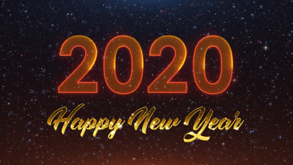 Naklejka premium Happy New Year 2020 Lettering With Gold And Neon Light Style Against Orange Blue Dark Starry Sky Background