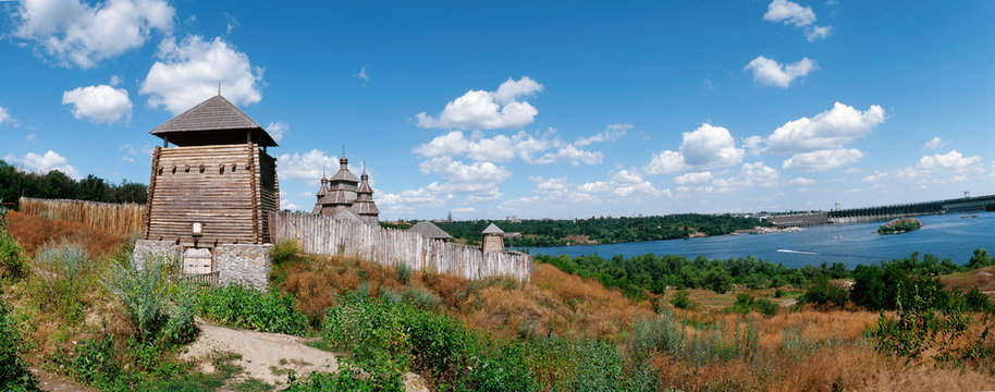 View from the island of Khortitsa to the Dnieper hydroelectric station. Zaporozhye. Ukraine