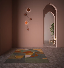 Classic eastern lobby, modern colored hall with stucco walls, interior design archways, empty space...