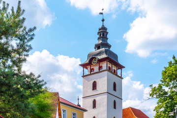 Belltower of small rural St. Michael Church in Jistebnice, Czech Republic