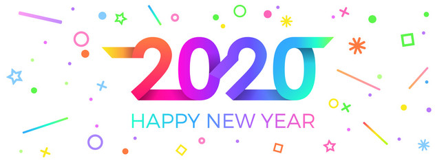 2020 Happy New Year. Paper Memphis geometric bright style for holidays flyers, greetings, invitations, Happy New Year or Merry Christmas cards. Holiday background, poster, banner. Vector Illustration.