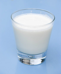 glass of milk on blue background