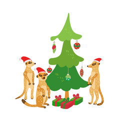 A happy family of meerkats wearing  santa hats stands around a Christmas tree. Vector illustration in red and green colors for greeting cards, posters and xmas souvenir  products. Isolated on white.
