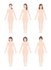 Standing woman's  nude body silhouette / outline shape vector  illustration set