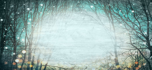 Abstract winter forest background with wood texture - Magical lights - Christmas backdrop