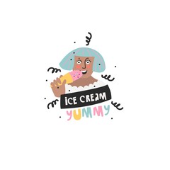 Handdrawn vector funny sketch-girl eating ice cream. Cute print on the t-shirt. - 305881910