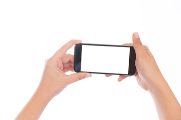 Smartphone with a blank white screen. New popular smartphone in hand on white background