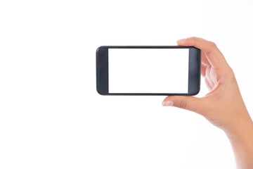 Smartphone with a blank white screen. New popular smartphone in hand on white background
