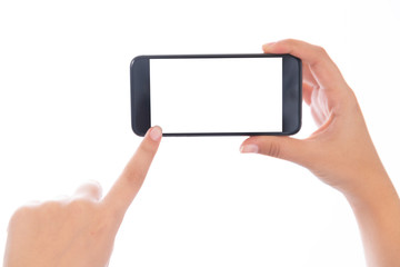 Smartphone with a blank white screen. New popular smartphone in hand on white background