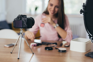 woman influencer making video about make up cosmetic
