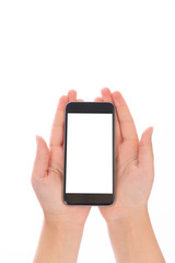 Smartphone with a blank white screen. New popular smartphone in hand on white background