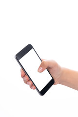 Smartphone with a blank white screen. New popular smartphone in hand on white background