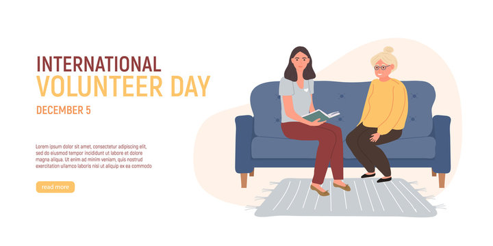 International Volunteer Day. Volunteer is reading a book older grey haired woman sitting on the blue couch. Social workers taking care about seniors people. Caring for the elderly. Vector illustration