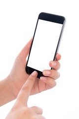 Smartphone with a blank white screen. New popular smartphone in hand on white background