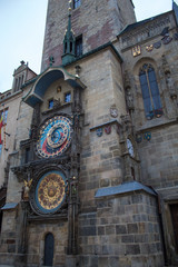  View of the Prague Town Hall with the Prague astronomical clock, the oldest in Europe, early in the morning in cloudy weather