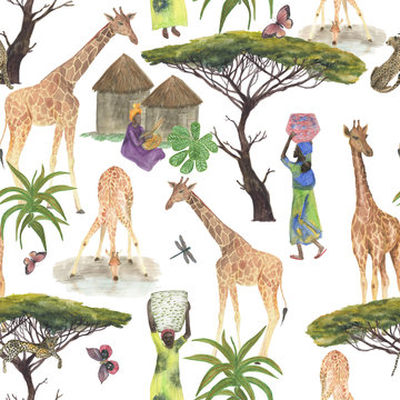Watercolor painting seamless pattern with woman, chetaah, giraffe. Africa collection