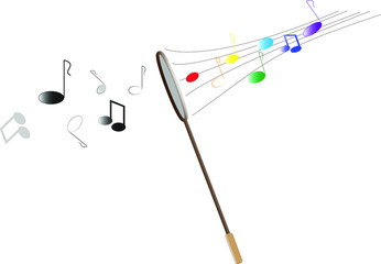 butterfly net catches black and white notes and inside notes of all colors of the rainbow