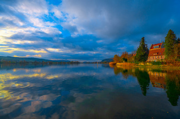 In the evening on Lake Constance near the castle Oberstaad. Autumn.