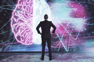 Man and brain icon hologram. Double exposure. Concept of data development