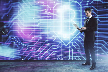 Man and blockchain theme hologram. Multi exposure. Concept of cryptocurrency