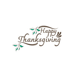 Happy Thanksgiving Calligraphy Text with Illustrated Green Leaves Over White Background, Vector Typography