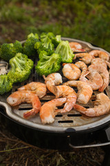 broccoli and prawns on the grill. Outdoor picnic concept