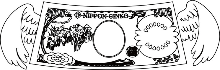 Obraz premium Feathered Back side of Deformed Japanese 5000 yen note outline set