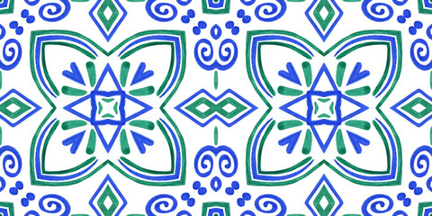Antique portuguese tiles. Blue Azulejos ceramic. Spanish pottery..Sicily italian majolica. Vintage ethnic background . Mediterranean watercolor seamless wallpaper. Moroccan ornaments in indigo color