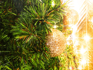 Christmas decoration composed of fresh fir branches and ornaments in golden