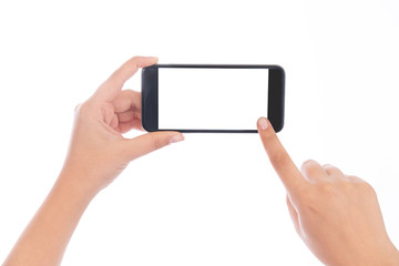 Smartphone with a blank white screen. New popular smartphone in hand on white background