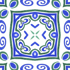 Antique portuguese tiles. Blue Azulejos ceramic. Spanish pottery..Sicily italian majolica. Vintage ethnic background . Mediterranean watercolor seamless wallpaper. Moroccan ornaments in indigo color