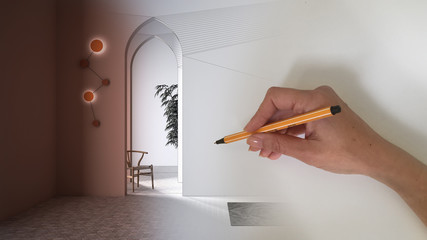 Architect interior designer concept: hand drawing a design interior project while the space becomes real, classic metaphysics interior design, eastern creative lobby with archways
