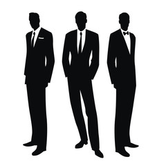 Silhouettes of three men in the retro style of the 50s or 60s isolated on white background