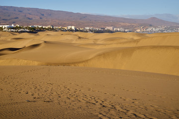 Fototapeta na wymiar Sandberge von der Sahara - Dünenlandschaft am Strand von Gran Canaria mit den vulkanischen Bergen im Hintergrund