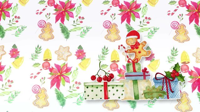 Abstract background with hand drawn watercolor christmas gift boxes. Seamless looping 4K footage.