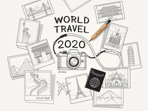 World travel 2020 concept. Camera and famous landmarks photo picture drawing style vector illustration.
