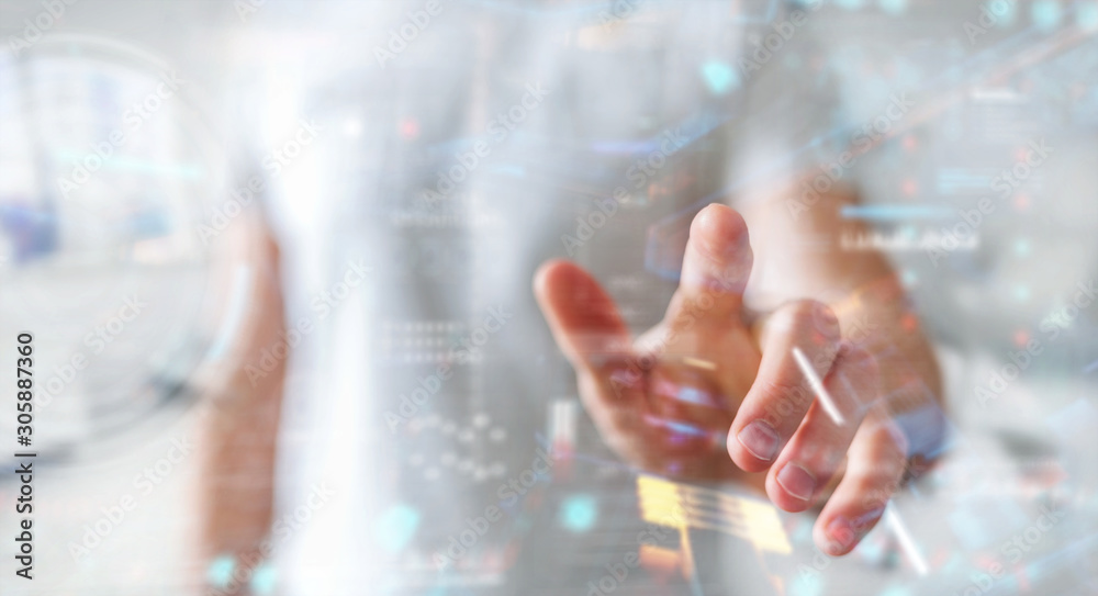 Fototapete businessman using digital technological interface with datas 3d rendering